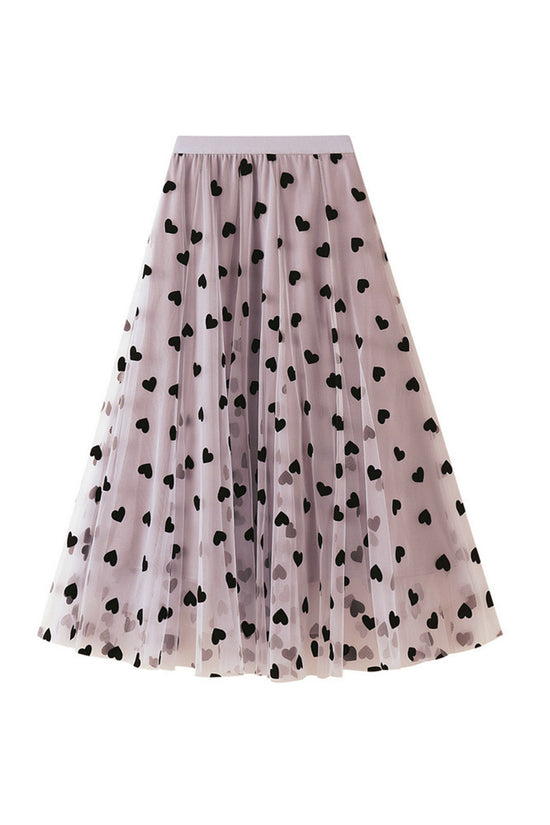 Heart Print Pleated Midi Skirt