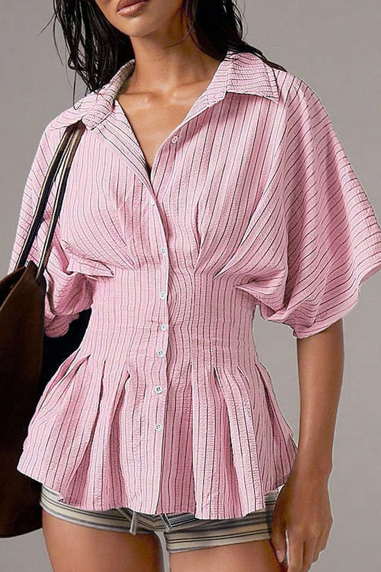 Striped Pleated Button-Up Blouse