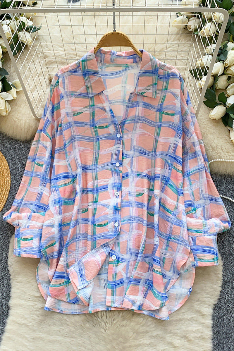 Relaxed Fit Plaid Button-Up Blouse