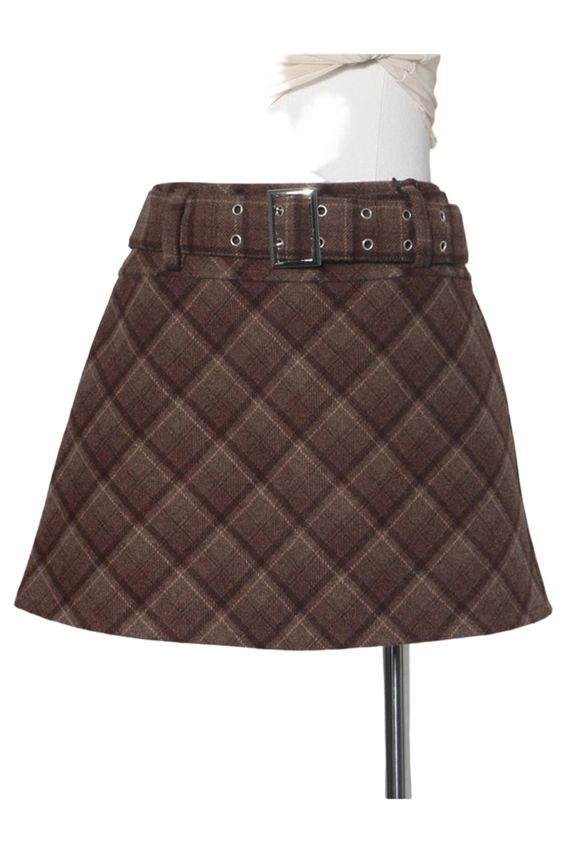 Plaid Buckle Detail A-Line Mini Skirt