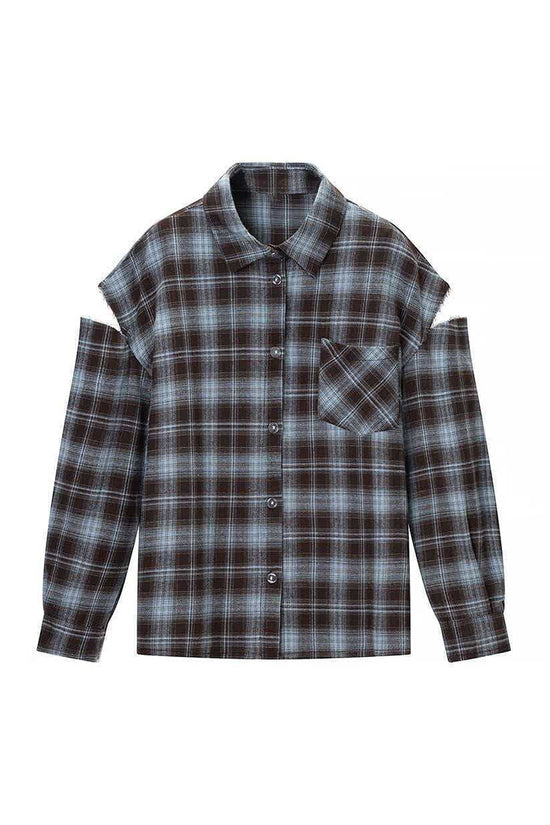 Plaid Cutout Shoulder Blouse
