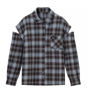 Plaid Cutout Shoulder Blouse