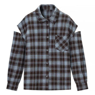 Plaid Cutout Shoulder Blouse