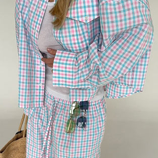 Checkered Button-Up Pants Set