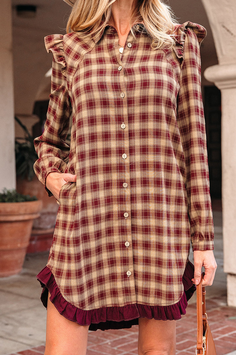 Ruffled Plaid Button-Down Casual Dress