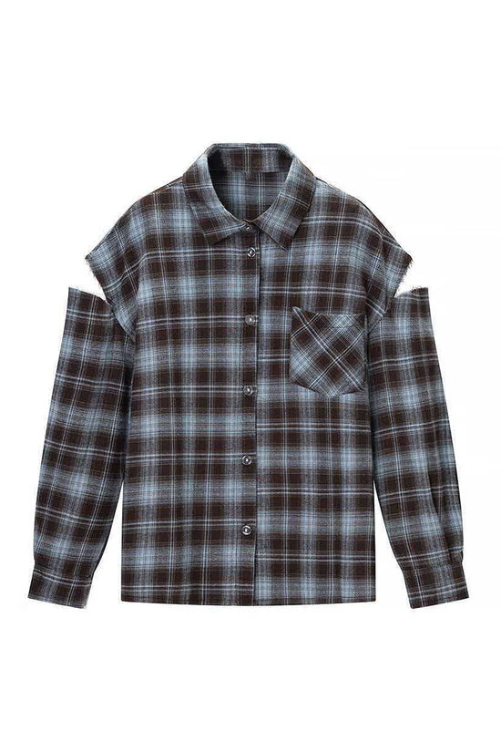 Plaid Cut-Out Sleeve Blouse