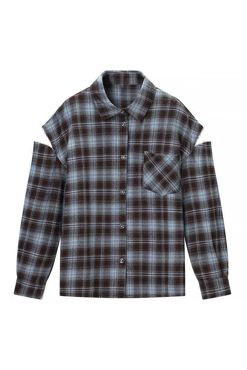 Plaid Cut-Out Sleeve Blouse