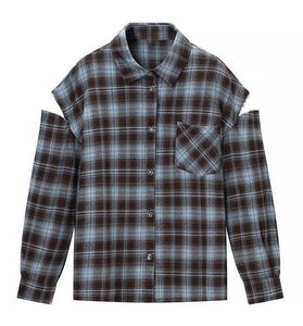 Plaid Cut-Out Sleeve Blouse