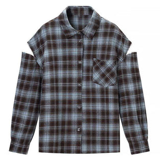 Plaid Cut-Out Sleeve Blouse
