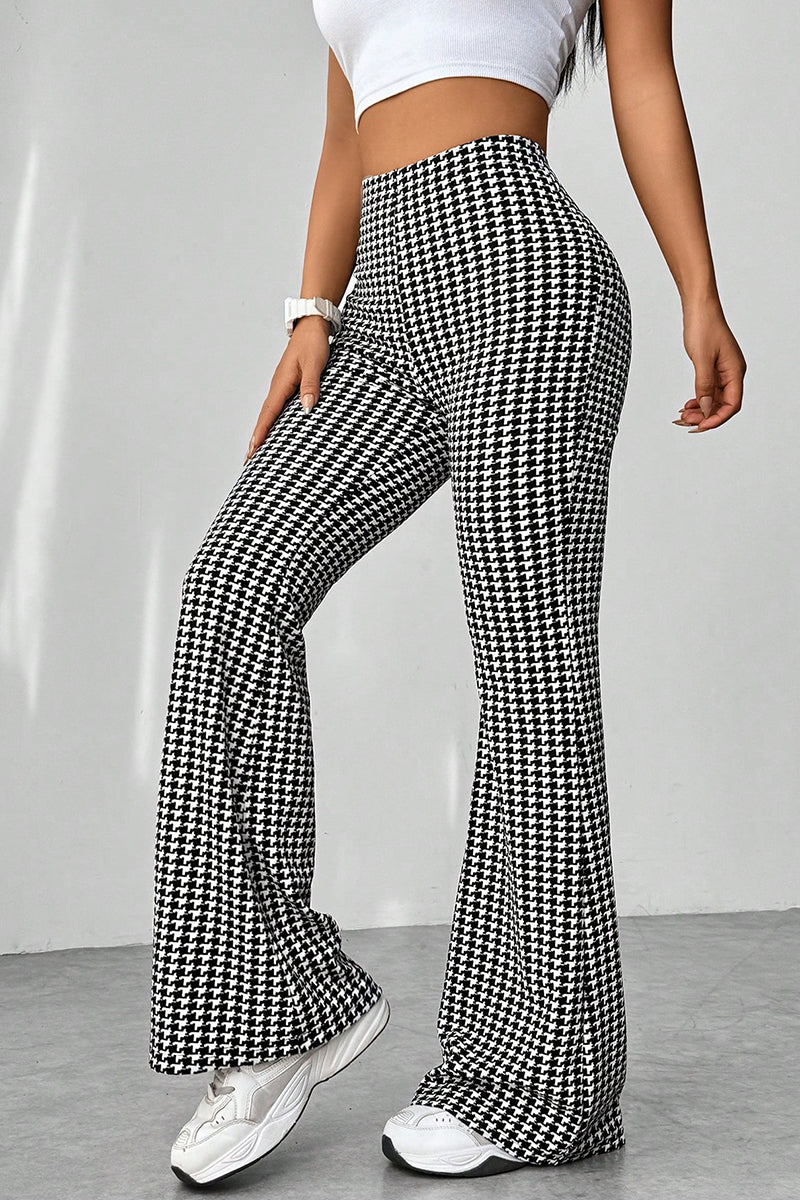 Houndstooth High-Waisted Flared Casual Pants