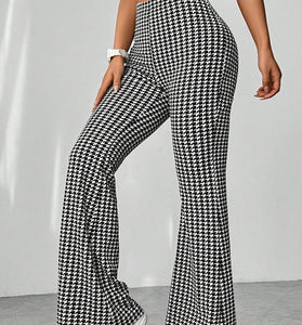 Houndstooth High-Waisted Flared Casual Pants