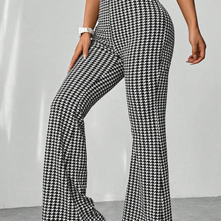 Houndstooth High-Waisted Flared Casual Pants