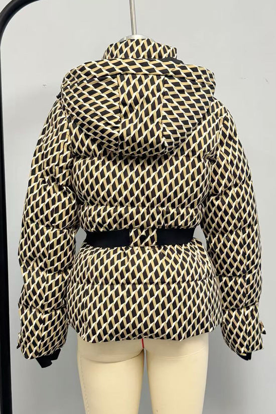 Geometric Pattern Hooded Belted Coat