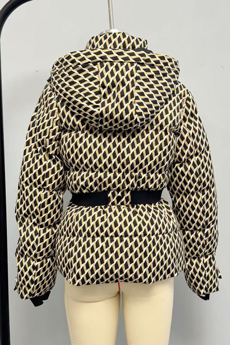 Geometric Pattern Hooded Belted Coat