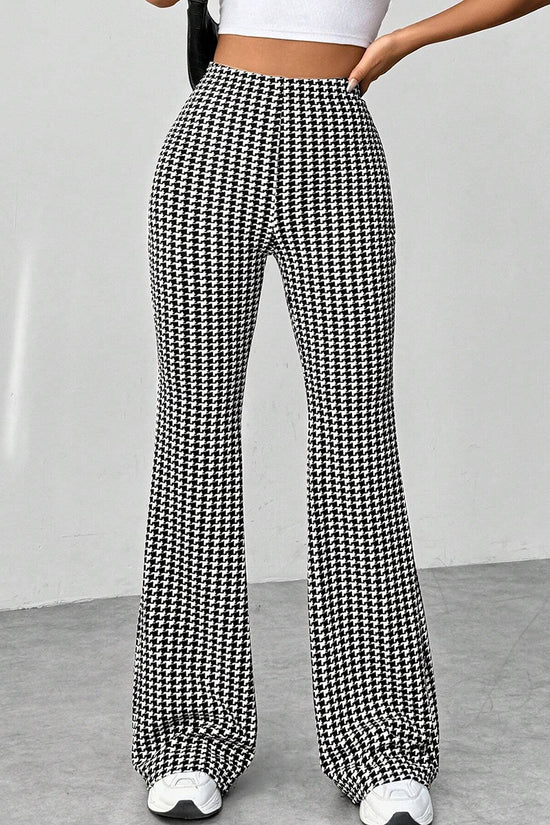 Houndstooth High-Waisted Flared Casual Pants