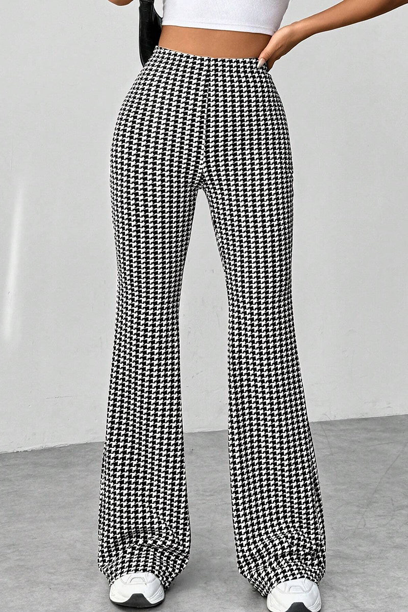 Houndstooth High-Waisted Flared Casual Pants