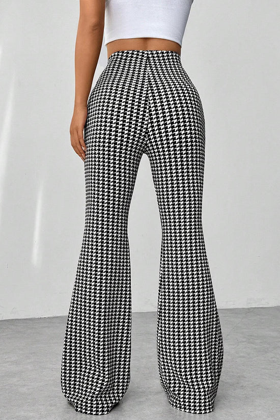 Houndstooth High-Waisted Flared Casual Pants