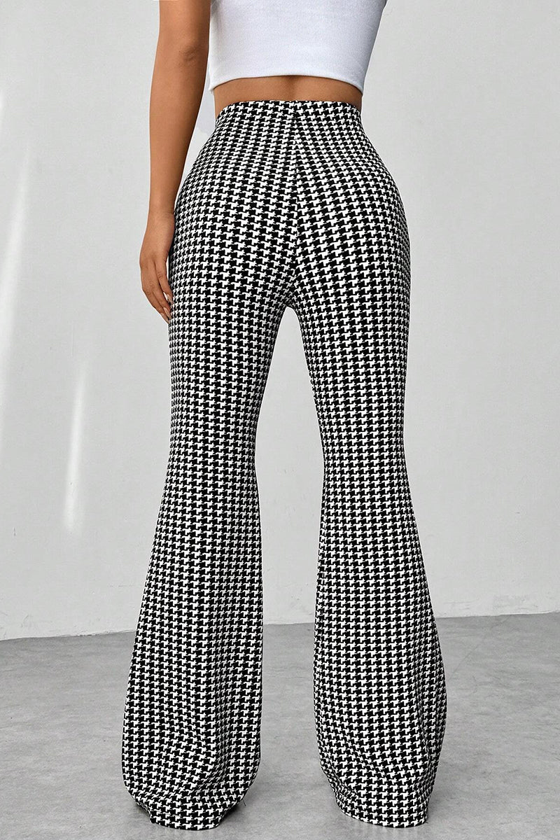 Houndstooth High-Waisted Flared Casual Pants