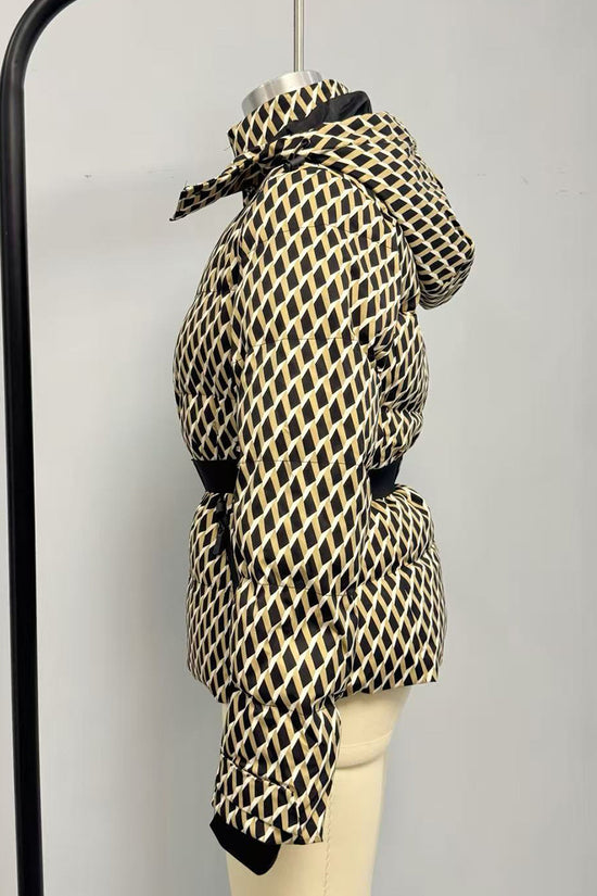 Geometric Pattern Hooded Belted Coat