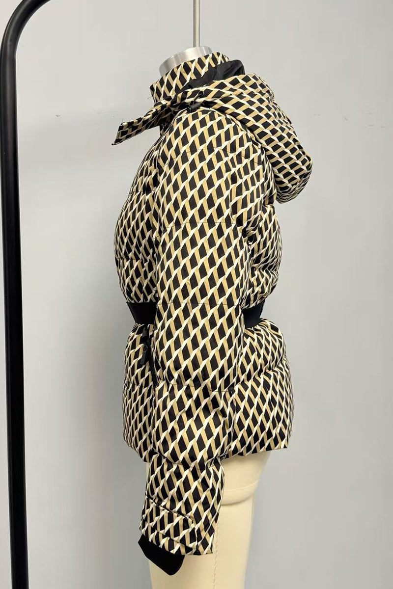 Geometric Pattern Hooded Belted Coat