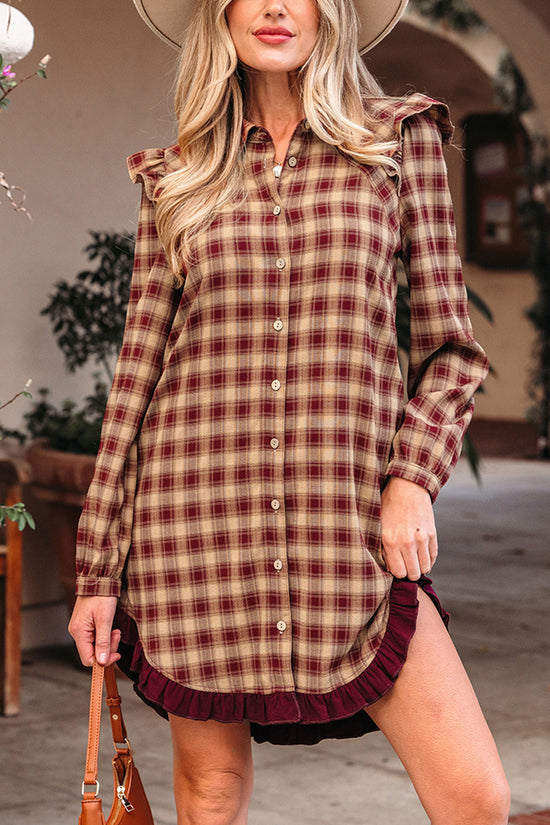 Ruffled Plaid Button-Down Casual Dress