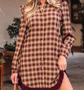 Ruffled Plaid Button-Down Casual Dress