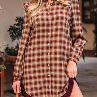 Ruffled Plaid Button-Down Casual Dress