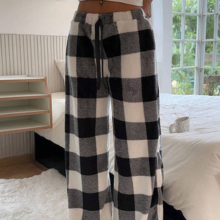Plaid Print Wide-Leg Casual Pants