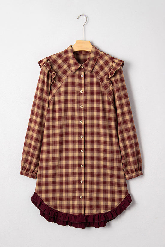 Ruffled Plaid Button-Down Casual Dress