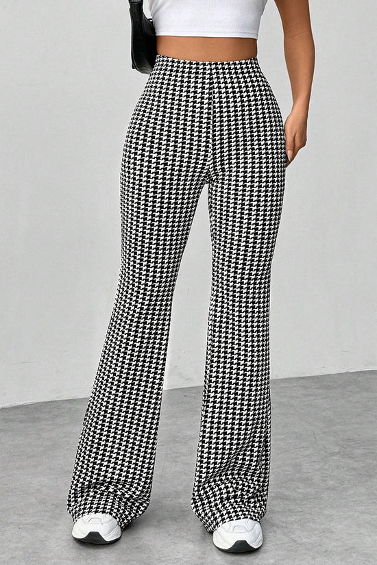 Houndstooth High-Waisted Flared Casual Pants