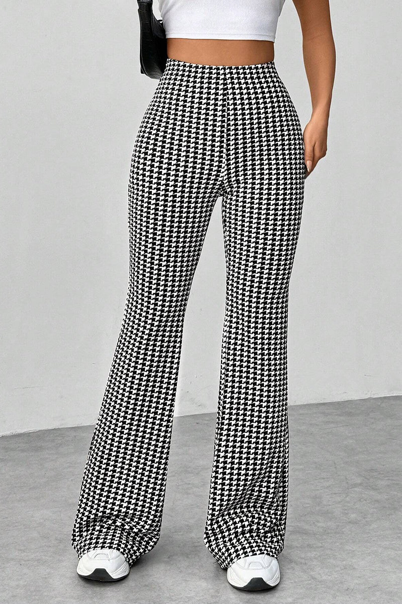 Houndstooth High-Waisted Flared Casual Pants
