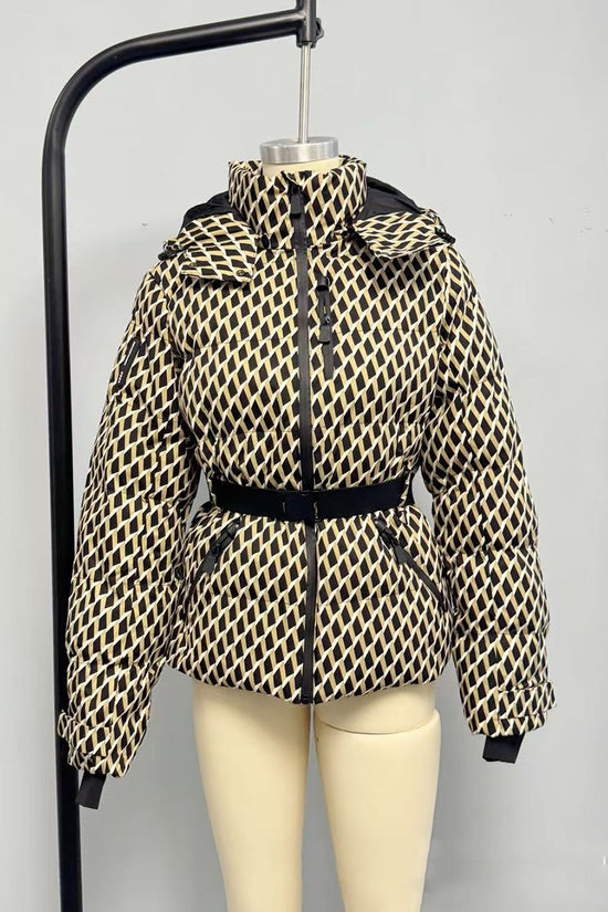 Geometric Pattern Hooded Belted Coat