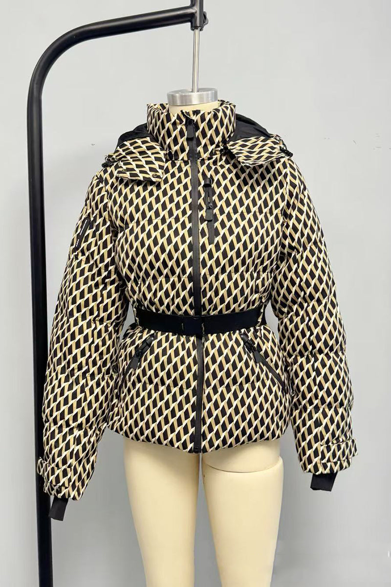 Geometric Pattern Hooded Belted Coat