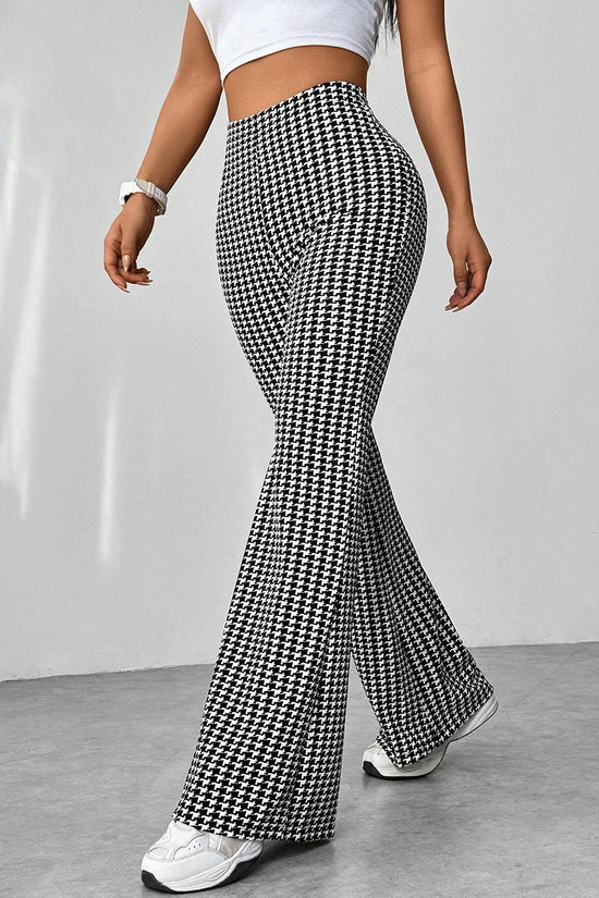 Houndstooth High-Waisted Flared Casual Pants