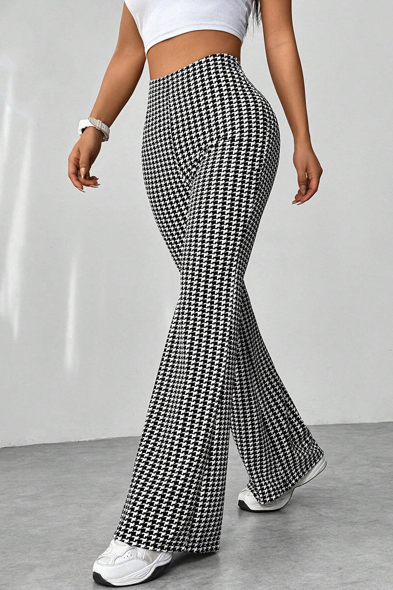 Houndstooth High-Waisted Flared Casual Pants