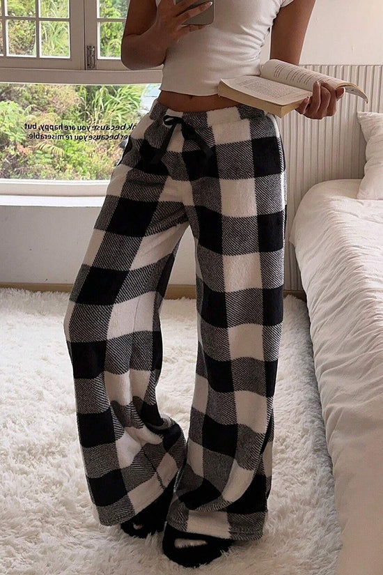 Plaid Print Wide-Leg Casual Pants