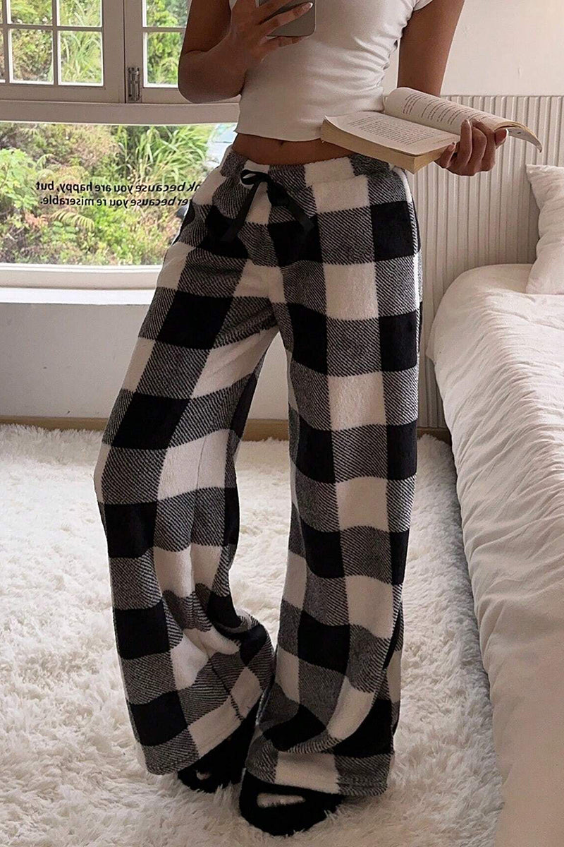 Plaid Print Wide-Leg Casual Pants