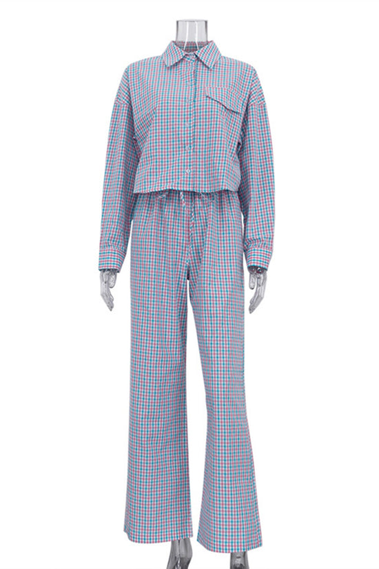 Checkered Button-Up Pants Set