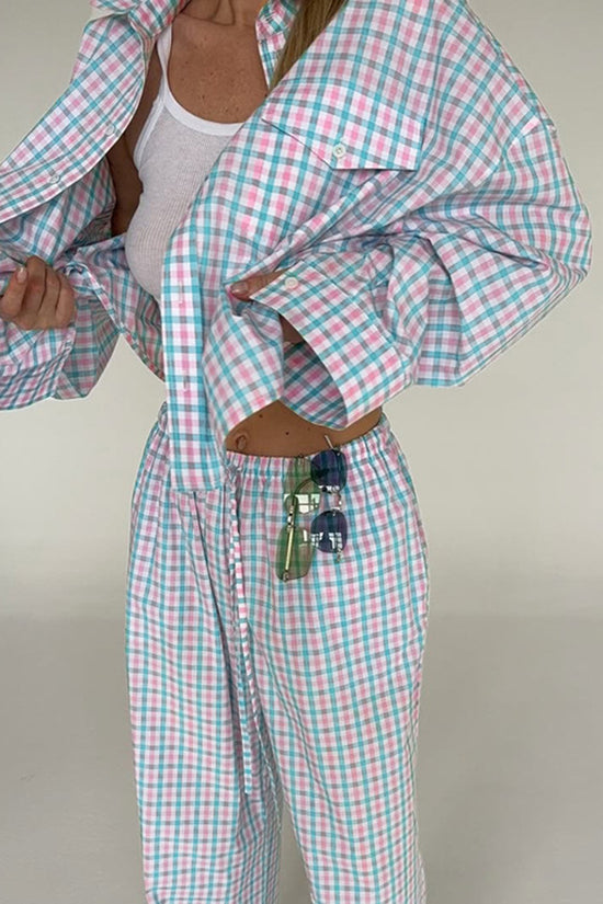 Checkered Button-Up Pants Set