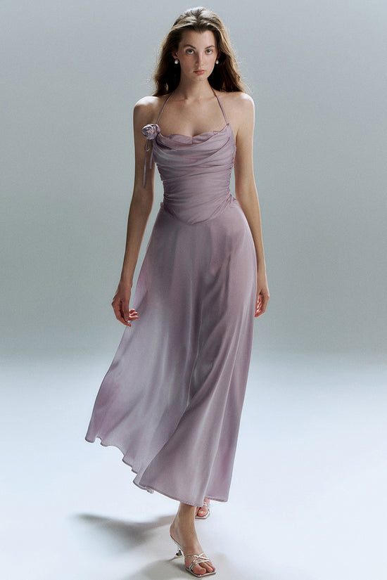 Ruched Halter Neck Chiffon Dress