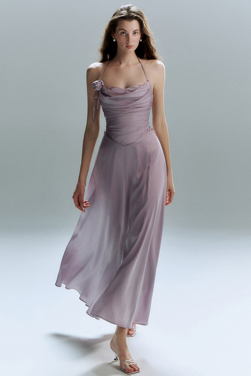 Ruched Halter Neck Chiffon Dress