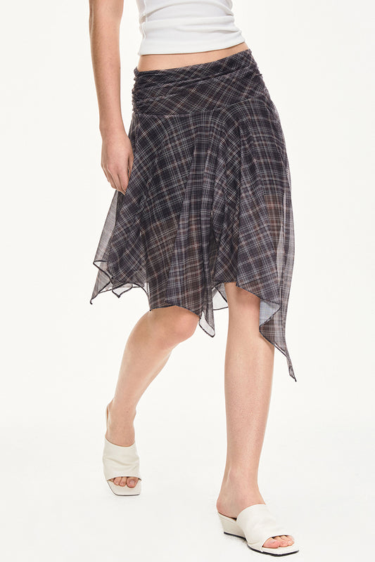 Asymmetrical Hem Plaid Midi Skirt
