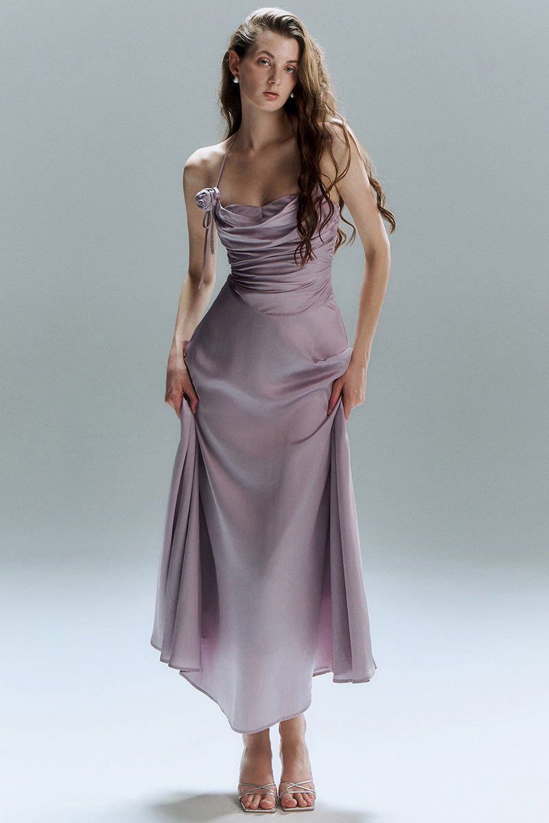 Ruched Halter Neck Chiffon Dress