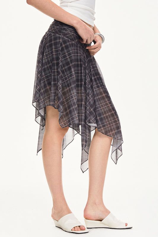 Asymmetrical Hem Plaid Midi Skirt
