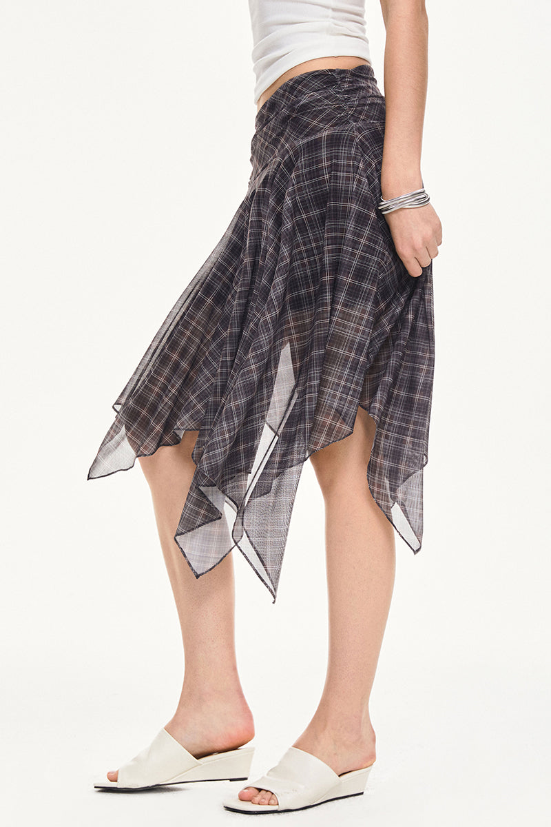 Asymmetrical Hem Plaid Midi Skirt