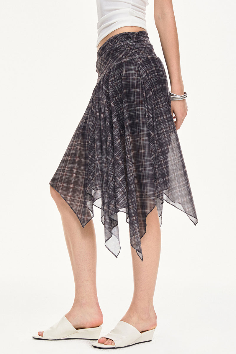 Asymmetrical Hem Plaid Midi Skirt