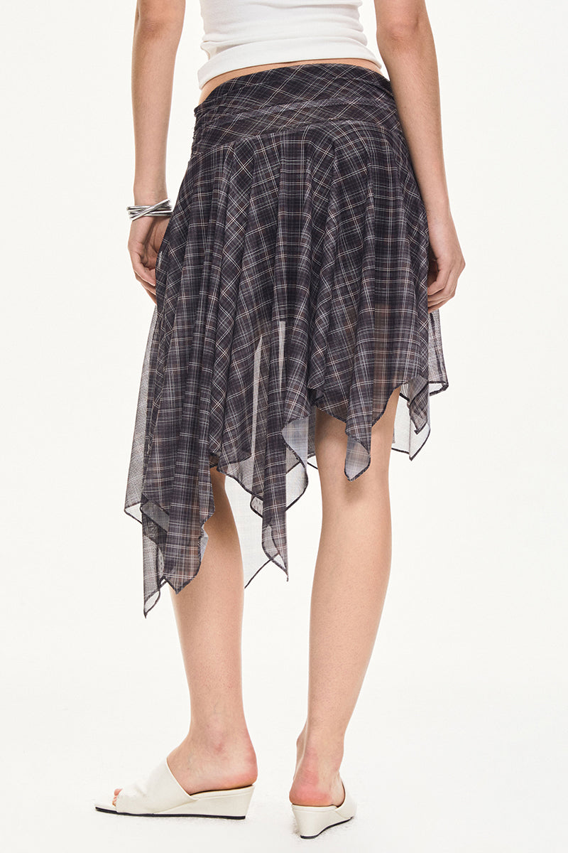 Asymmetrical Hem Plaid Midi Skirt