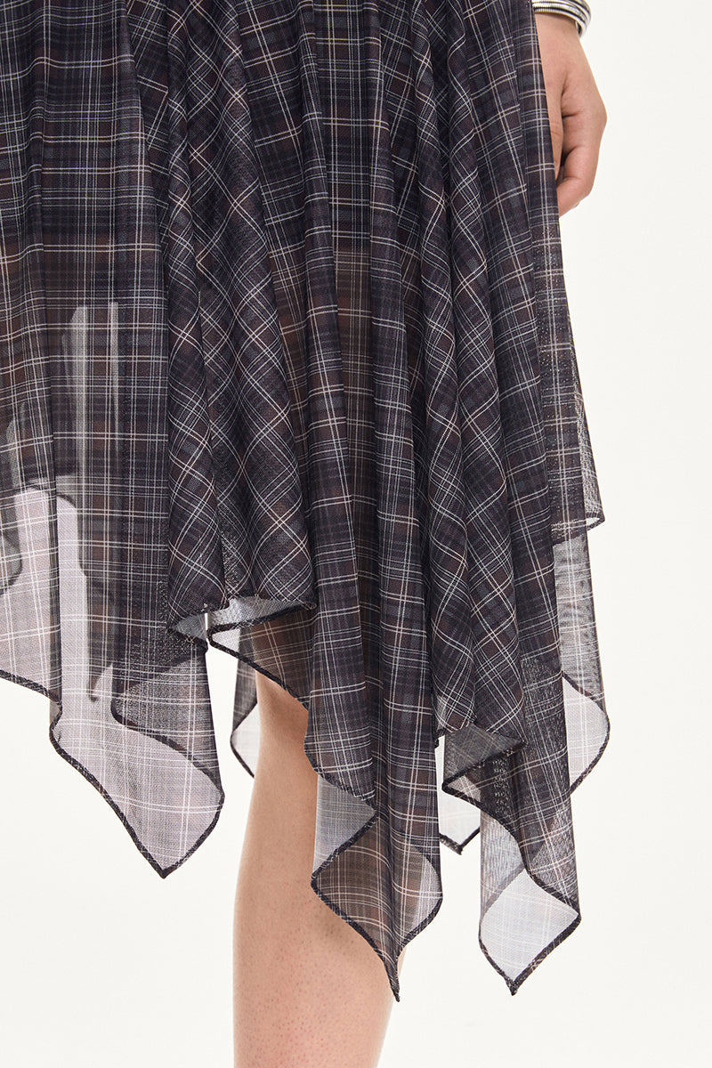 Asymmetrical Hem Plaid Midi Skirt