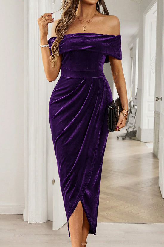 Off-Shoulder Ruched Midi Dress