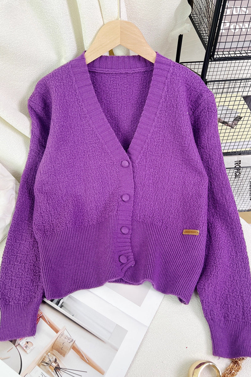 Ribbed Button-Up V-Neck Cardigan